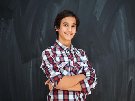 a portrait of a young Arab teenager standing in front of a school blackboard. High quality photo