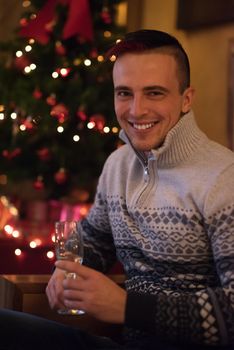 Portrait of a happy young man with a glass of champagne celebrating winter holidays at home beautifully decorated for Christmas