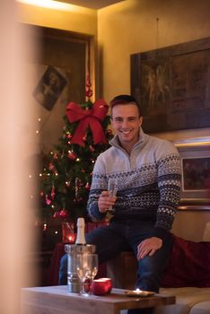 Portrait of a happy young man with a glass of champagne celebrating winter holidays at home beautifully decorated for Christmas