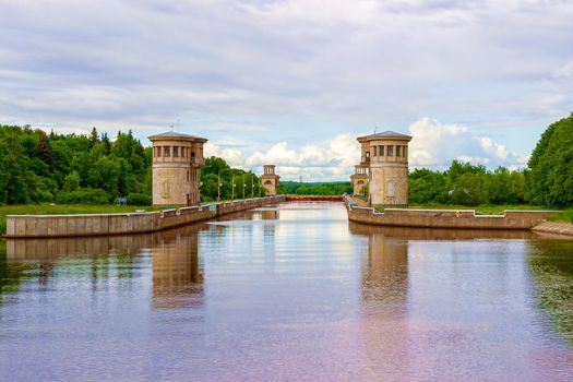 Scenic view from the ship to the channel named after Moscow. In the summer on a sunny day. Russia, Moscow region. The concept of tourism.