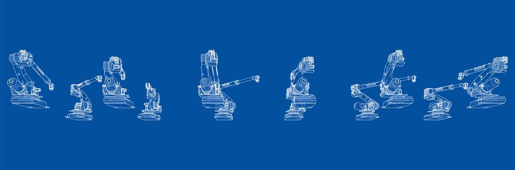 A industral robots manipulators. Blueprint style. 3d illustration