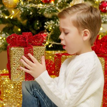 A cute little boy near a Christmas tree with a gift. Concept of family holidays, Happy childhood.