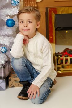 Cute little boy near the Christmas tree and fireplace in the new year. Family holidays concept.