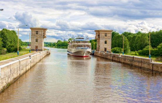 Scenic view from the ship to the channel named after Moscow. In the summer on a sunny day. Russia, Moscow region. The concept of tourism.