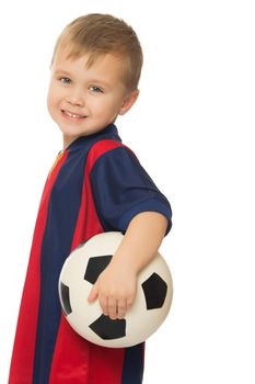 Portrait of little boy football player in a striped uniform. Boy holding a soccer ball. Close-up - Isolated on white background