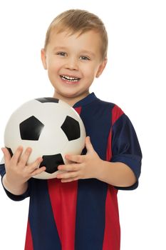 Portrait of little boy football player in a striped uniform. Boy holding a soccer ball. Close-up - Isolated on white background
