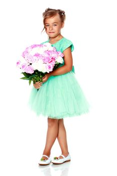 Little girl with a beautiful bouquet of flowers. The concept of holidays, family and children. Isolated on white background.