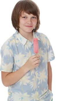 Young man eating ice cream. Close-up-Isolated on white background