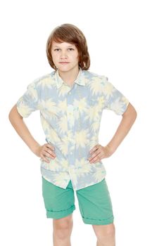 Portrait of a beautiful teenager boy with hair to his shoulders, dressed in a shirt and shorts - Isolated on white background