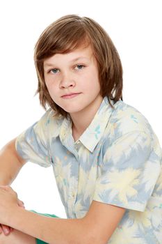 Teen with long hair in a shirt with short sleeves. Close-up - Isolated on white background