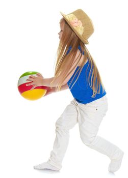 Cute little girl in hat plays with a sword - Isolated on white background