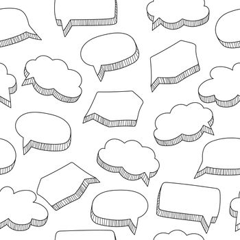 Cartoon speech bubbles seamless pattern in hand drawn style, black and white vector illustration