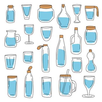 Big set of glass containers and water bottles. Hand drawn style for design. No Plastic concept