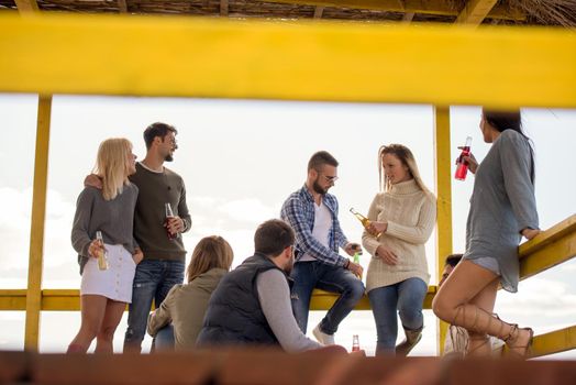 Happy Group Of Friends Hanging Out At Beach House having fun and drinking beer on autumn day