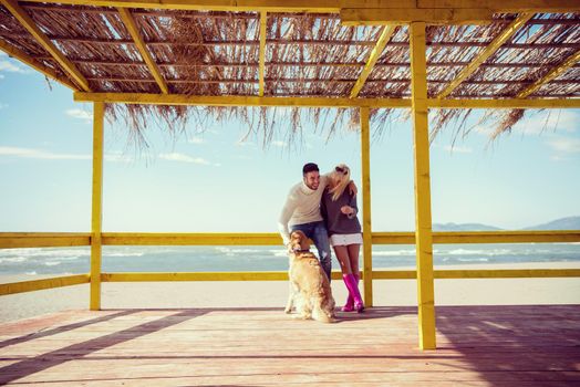 Couple With A Dog enjoying time  together On The Beach at autumn day