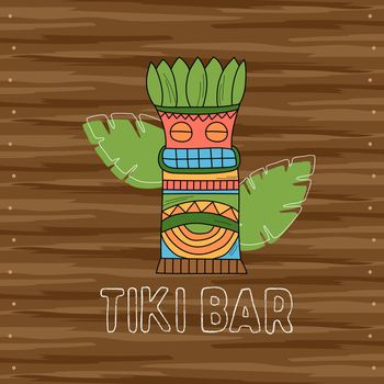 Tiki tribal wooden mask, signboard of bar. Hawaiian traditional elements on wooden background. Vector illustration.