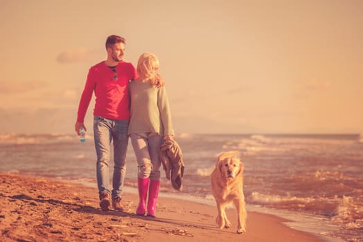 Couple Running On The Beach Holding Their Hands with dog On autmun day