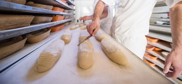 bakers preparing the dough for products In a traditional bakery