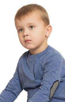 Portrait of beautiful little boy in the blue shirt . close-up - Isolated on white background