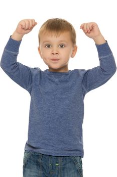 The little blonde boy waving his hands. Close-up- Isolated on white background