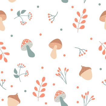 Autumn elements - mushrooms and plants - on a white background. Endless pattern. Hand-drawn seamless texture for packaging, cards, textiles