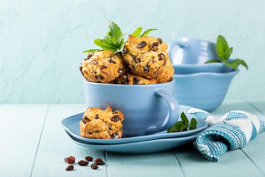 Fresh homemade delicious raisin muffins in blue cup, sugar free. Healthy food concept with copy space.