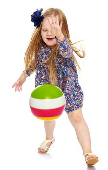Plump little girl in short summer dress playing ball , the ball bounces from the floor-Isolated on white background