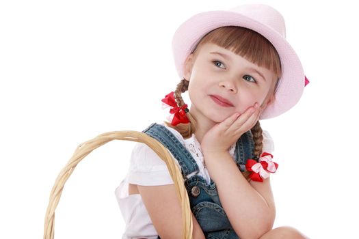 Cute little girl in a pink hat. Close-up-Isolated on white background