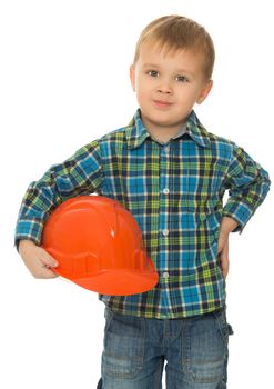 Cute little boy holding a construction helmet. Close-up - Isolated on white background