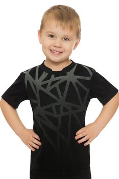 Cute little boy in a black t-shirt. Close-up- Isolated on white background