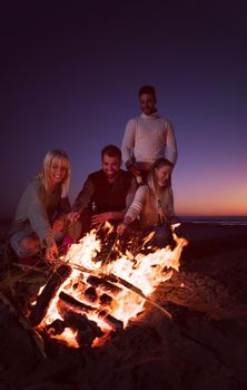 Happy Carefree Young Friends Having Fun And Drinking Beer By Bonefire On The Beach As The Sun Begins To Set