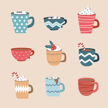 Hot tea, coffee cups set. Vector winter holidays elements. Set of cups in pastel cozy colors. Flat design
