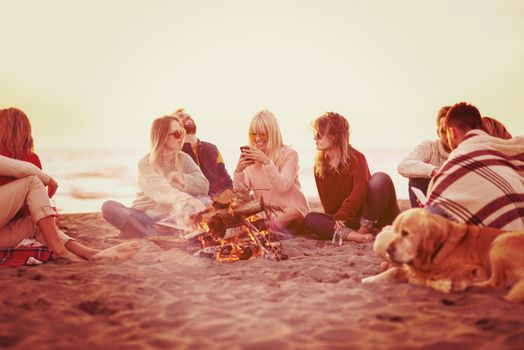 Happy Carefree Young Friends Having Fun And Drinking Beer By Bonefire On The Beach As The Sun Begins To Set filter