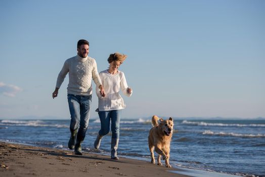 Couple Running On The Beach Holding Their Hands with dog On autmun day