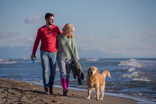 Couple Running On The Beach Holding Their Hands with dog On autmun day