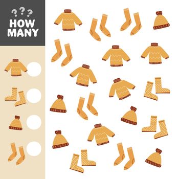 Fall counting game with warm clothes. Math activity for preschool children. How many objects worksheet. Educational riddle with cute funny pictures