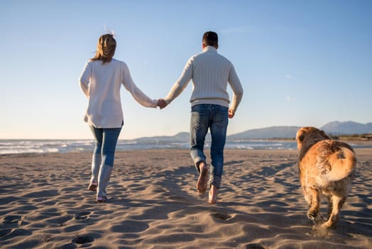 Couple Running On The Beach Holding Their Hands with dog On autmun day