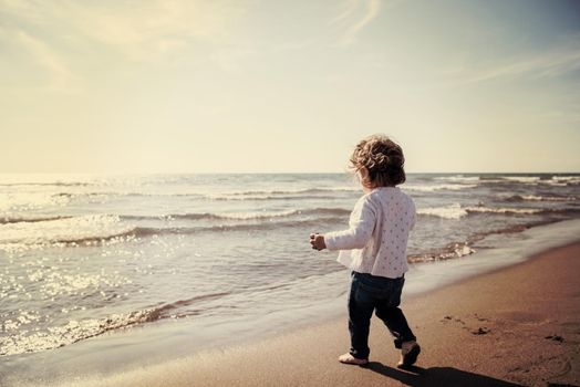 Adorable little girl having fun at beach during autumn day. Happy baby by the sea or ocean filter