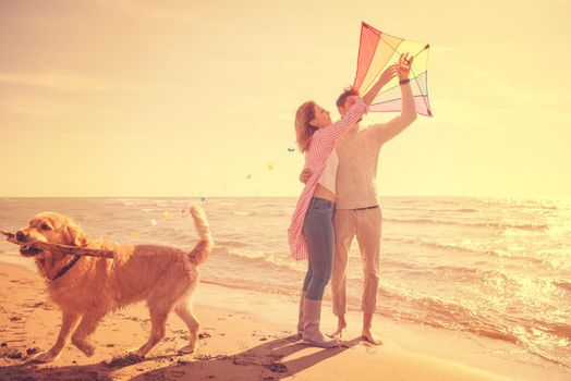 Young Couple having fun playing with a dog and Kite on the beach at autumn day filter