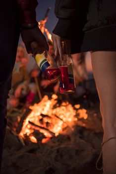 Happy Carefree Young Friends Having Fun And Drinking Beer By Bonefire On The Beach As The Sun Begins To Set