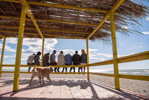 Happy Group Of Friends Hanging Out At Beach House having fun and drinking beer on autumn day