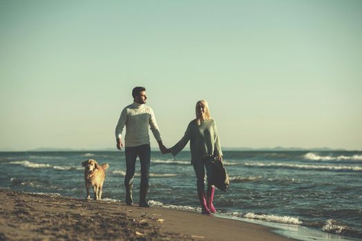 Couple Running On The Beach Holding Their Hands with dog On autmun day