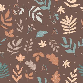 Autumn elements on brown color - seamless pattern. Endless pattern for packaging, design, cards, textiles