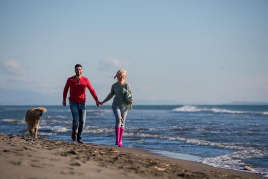 Couple Running On The Beach Holding Their Hands with dog On autmun day