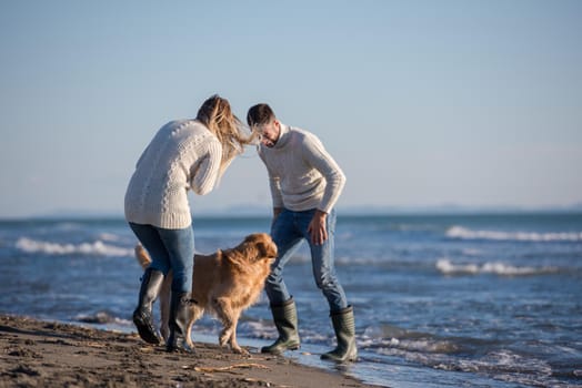 Couple Running On The Beach Holding Their Hands with dog On autmun day