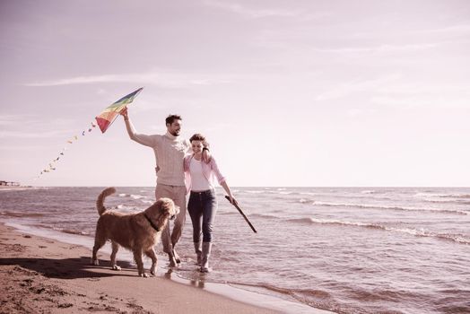 Young Couple having fun playing with a dog and Kite on the beach at autumn day filter