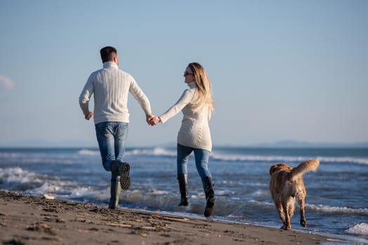 Couple Running On The Beach Holding Their Hands with dog On autmun day