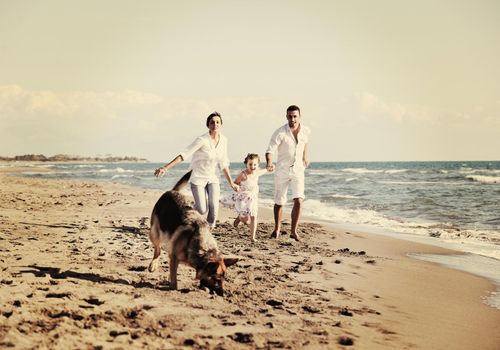 happy young family in white clothing have fun and play with beautiful dog at vacations on beautiful beach 