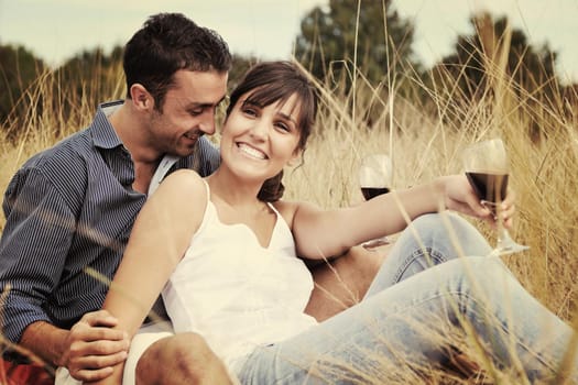 happy young couple enjoying  picnic on the countryside in the field  and have good time