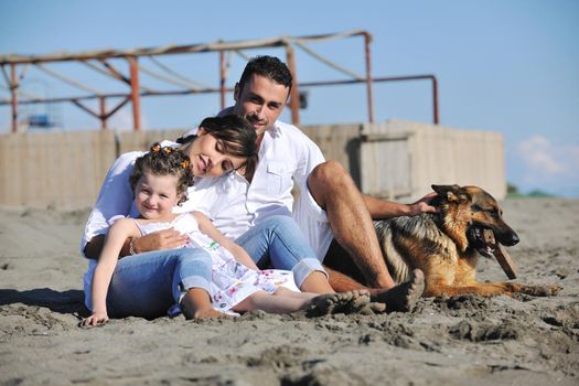 happy young family in white clothing have fun and play with beautiful dog at vacations on beautiful beach 